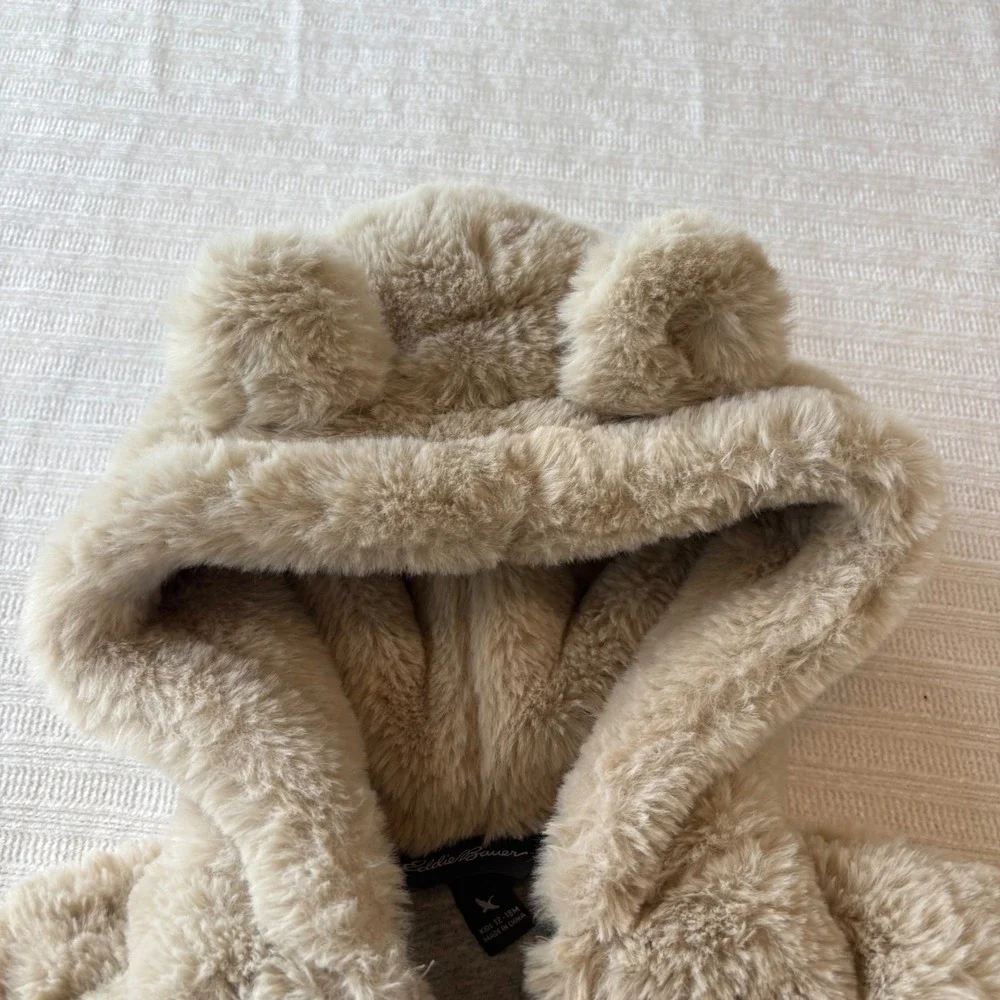 Eddie Bauer Kids Faux Fur Bear Ear Hooded Jacket Tan Beige 12-18M U49OW002